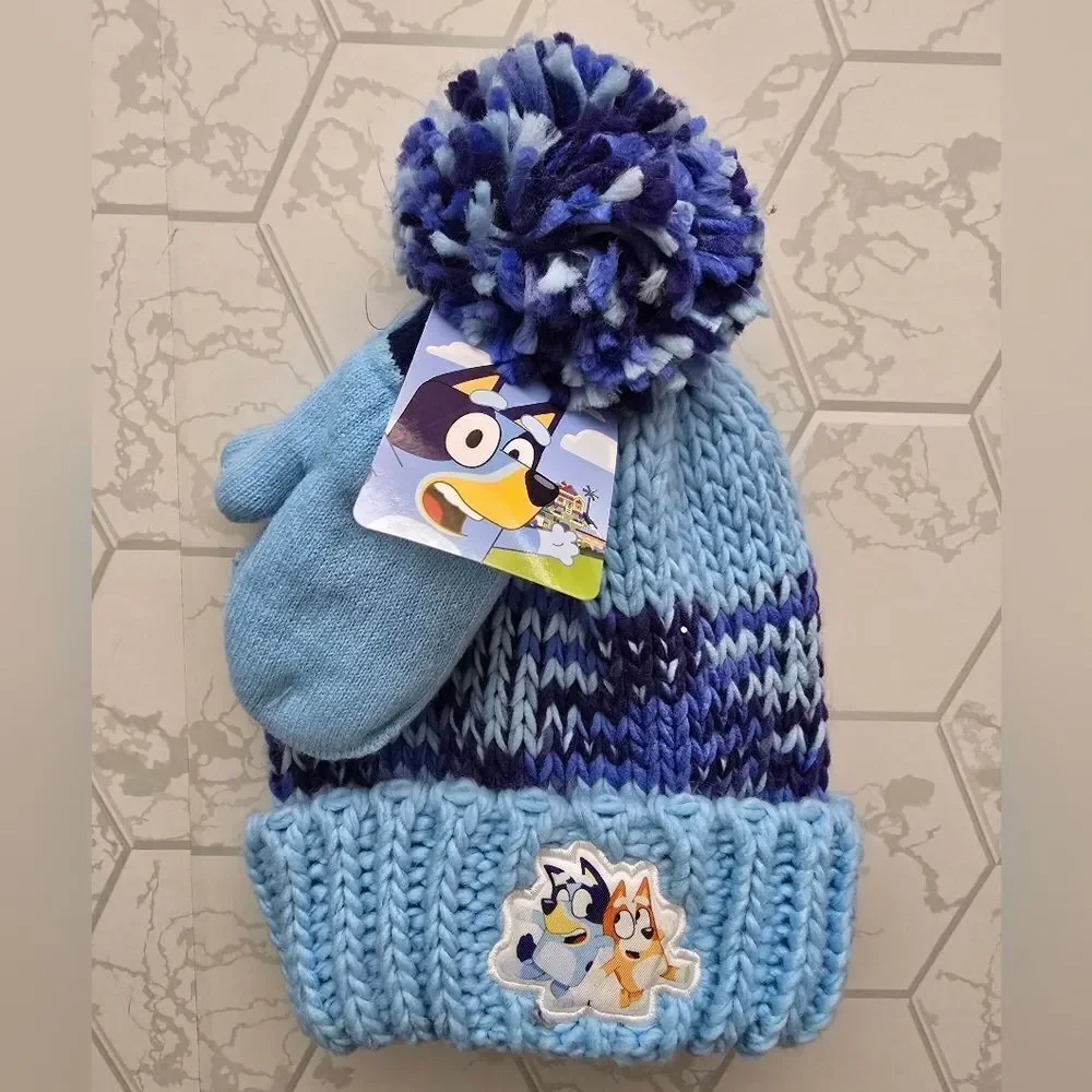 Bluey & Bingo Knit Toddler Beanie & Mittens Set 2T-5T Light Blue New w/ Tags